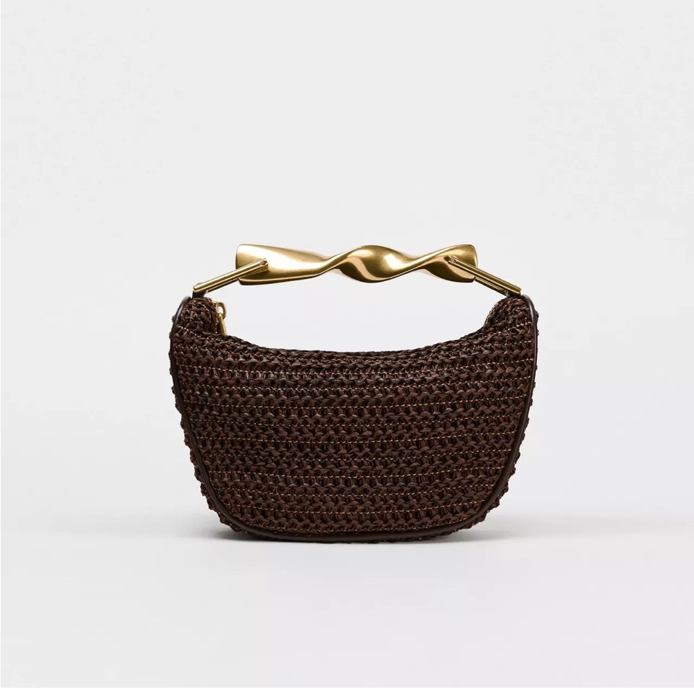 Zara Brown Woven Crossbody Bag with Gold Accent